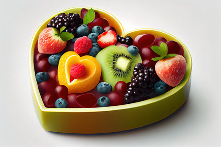 Fruit salad in heart shaped bowl - healthy eating, bright color. Generative Aiの素材