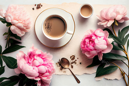 Morning coffee and beautiful pink peony flowers on white stone table top view. Generative Aiの素材