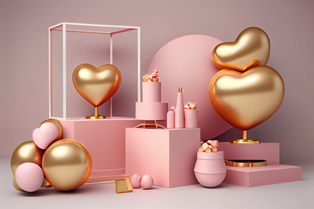 Valentine's Day interior with gold platform, balloons. Stand, podium. Generative Aiの素材