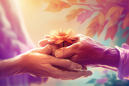 Caregiver, carer hand holding elder hand in hospice care background. Generative Aiの素材