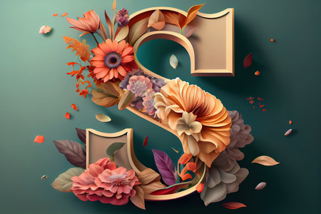 Composition with letter S and beautiful flowers on color background. Generative Aiの素材