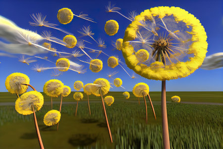 Dandelions blooming in spring all at once. Generative Aiの素材