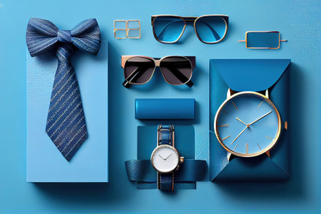 Father's Day blue background with flatlay of Glasses,Necktie,Watch and Gifts for dad. Generative Aiの素材