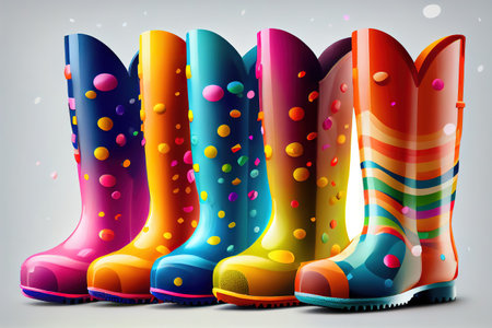 Five pairs of a colorful rain boots. Generative Aiの素材