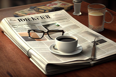 Gifts On Table With Newspapers Reading Glasses And Coffee - Fathers Day Concept. Generative Aiの素材