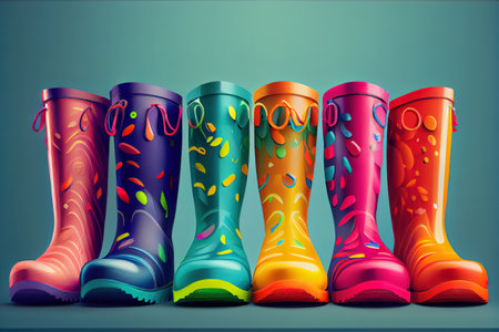 Five pairs of a colorful rain boots. Generative Aiの素材