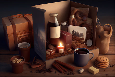 Photo pour Preparing care package, seasonal gift box with coffee, cookies, candles, spices. Generative Ai - image libre de droit