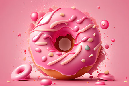 Funny whole pink doughnut on pink background Banner format with copy space. Generative Aiの素材
