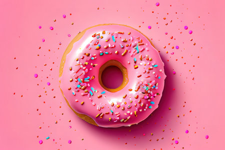 Donut with pink icing on a pink background top view. Junk food. Sweets, pastries. Generative Aiの素材