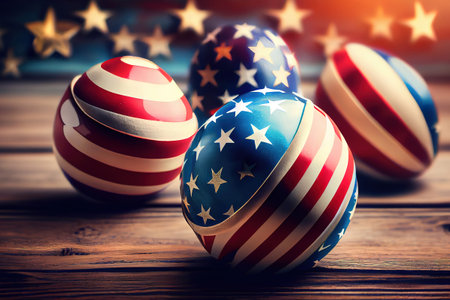 An overhead view of blue plate and cutlery with usa flag and disposable glass. Generative Aiの素材