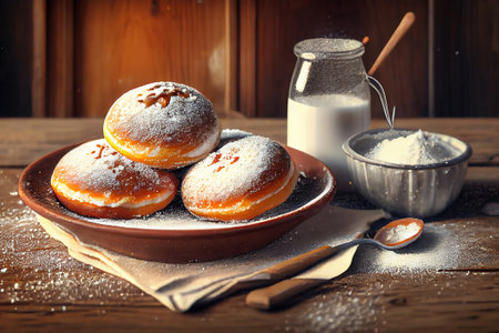 Handmade tasty doughnut, High angle of donuts with bite mark and powdered sugar. Generative Aiの素材