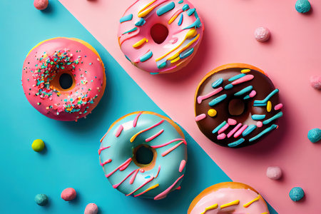 Pink donuts with colorful sprinkles on yellow background. Generative Aiの素材