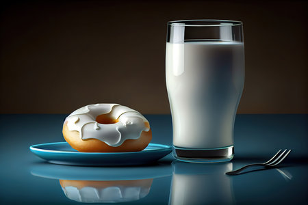 Side view of sweet donut with a cup of tea on a cutting board on a turquoise surface. Generative Aiの素材