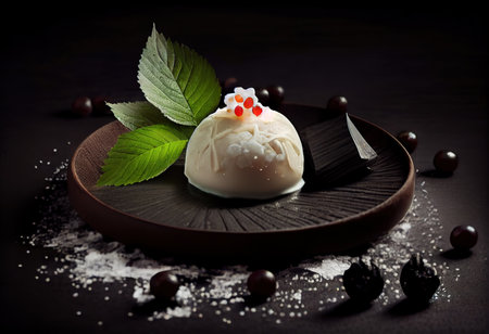 Wagashi mochi with truffle with cherry on black background.selective focus. Generative Aiの素材
