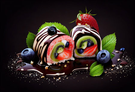 watermelon and kiwi wrapped in pink mamenori topped with fresh blueberries. Generative Aiの素材