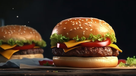 Tasty sandwich on wooden cutting board on dark mix color surface. Generative Aiの素材