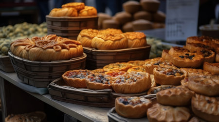 sweet cheese potatoes pie different shape for sale outside in carts bucket. Generative Aiの素材