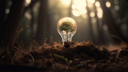 lightbulb tree with sunlight on soil. concept save world and energy power. Generative Aiの素材