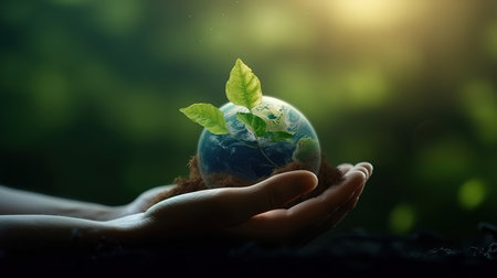 Hands protecting globe of green tree on tropical nature summer background. Generative Aiの素材