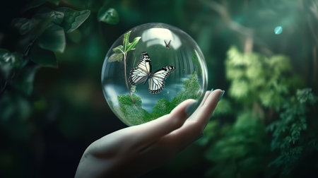 Earth crystal glass globe ball and growing tree in human hand. Generative Aiの素材