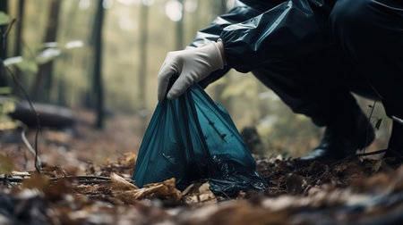 Closeup volunteer collecting plastic trash in forest. World clean up m day. Generative Aiの素材