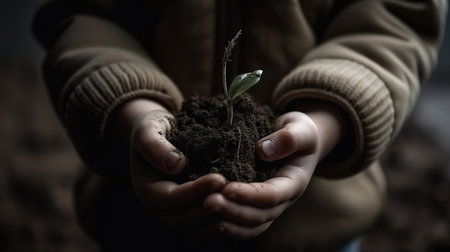 Close up woman holding soil with plant. Generative Aiの素材