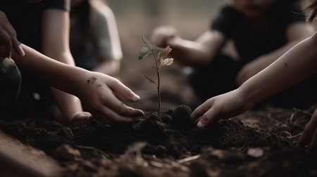 Hand of children holding plant and soil with bokeh and nature background. Generative Aiの素材