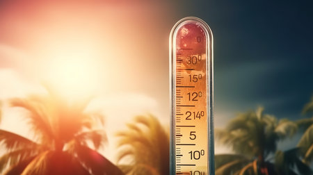 Hot weather. A temperature scale on a beach shows high temperatures during a heat. Generative Aiの素材
