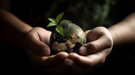 An overhead view of hand holding globe ball over the green plant. Generative Aiの素材