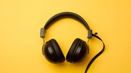 World music day concept. Stereo headphone and a globe on a yellow background.Top view. Generative Aiの素材