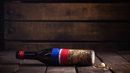 French flags on a french champagne bottle cork on an old wooden table. Generative Aiの素材