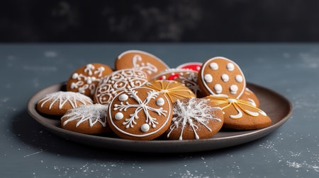 Christmas homemade gingerbread cookies on a gray background. Generative Aiの素材