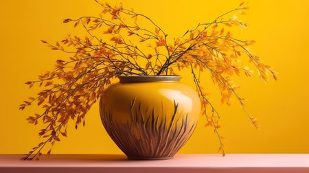 Vase with willow branches on yellow background. Generative Aiの素材