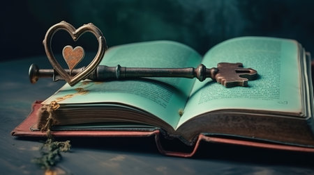 Vintage old heart On a textured blue green background with cracked colors of crockeler.Generative Aiの素材