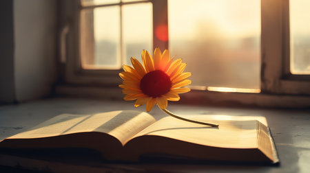 symbol of love red heart in the form of a flower stands near an open old book. Generative Aiの素材