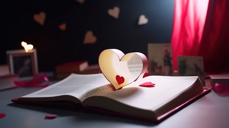 Love story book with open page of literature in heart shape and photo frame. Generative Aiの素材