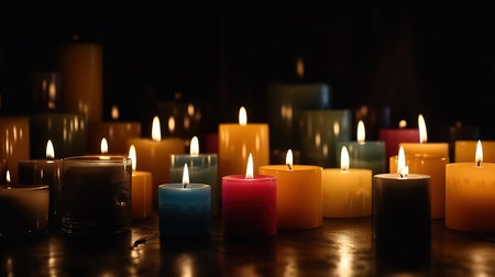 Burning candles on floor in darkness. Generative Aiの素材