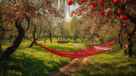 Large apples in the garden. a hammock in the foreground among the trees. Generative Aiの素材