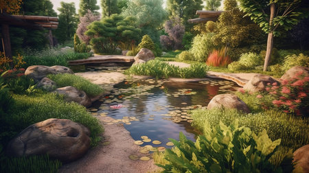 Waterfall in a small garden behind the house. Generative Aiの素材