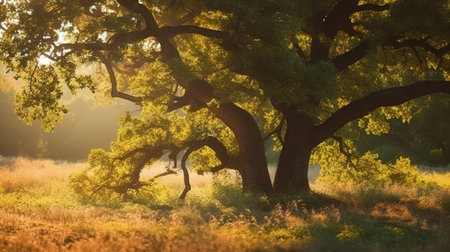 old oak tree foliage in morning light with sunlight. Generative Aiの素材
