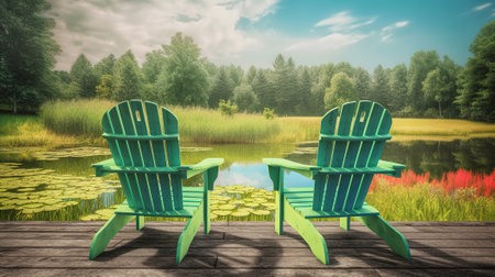 Two Adirondack chairs on a deck overlooking pond. Generative Aiの素材