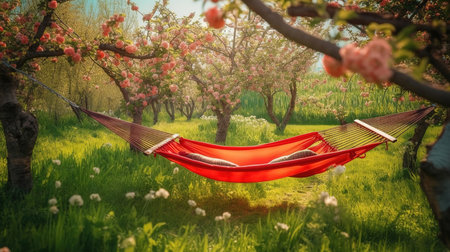 Beautiful landscape with red hammock in the spring garden with blooming apple trees. Generative Aiの素材