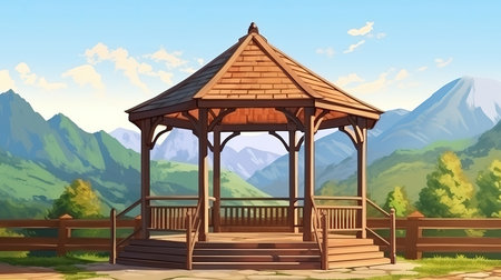 Outdoor wooden gazebo over summer landscape background. Wood brown arbour on green. Generative Aiの素材