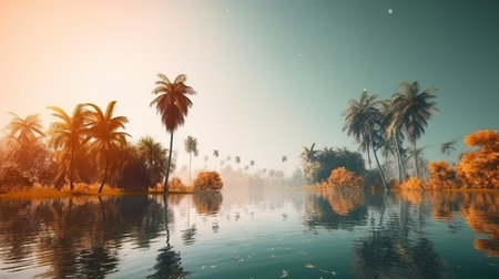 Wonderful day in autumn at a silent lake, Copy space of tropical palm tree with sun. Generative Aiの素材