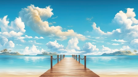 Golden sand beach, palm trees, sea water against blue sky with white clouds. Generative Aiの素材