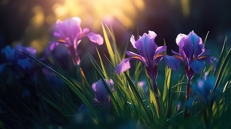 Vertical shot of a bumblebee perched on purple crocus flowers on a blurred background. Generative Aiの素材