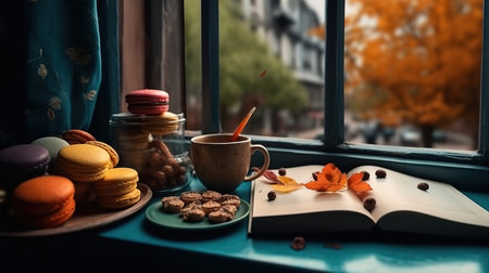 Autumn still life. A window, hot tea mug book,Chocolate Spa Mask. Generative Aiの素材