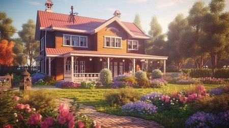 A country house with a beautiful backyard behind the house. Generative Aiの素材