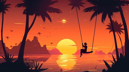 love romance, beach sunset, palm tree swing. Generative Aiの素材