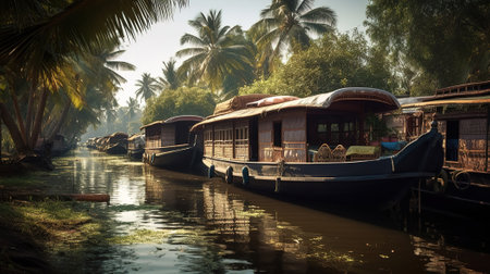 Wide shot of wooden small boats in the water with an african-american person. Generative Aiの素材